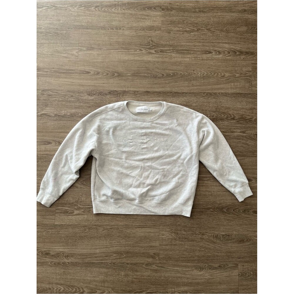 Calvin Klein Jeans Pullover Sweatshirt Womens XL Light Gray Crewneck Logo Fleece